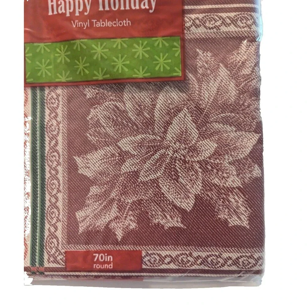 Festive Poinsettia Patchwork Vinyl Tablecloth Jacquard 70-in Round Holiday Gift